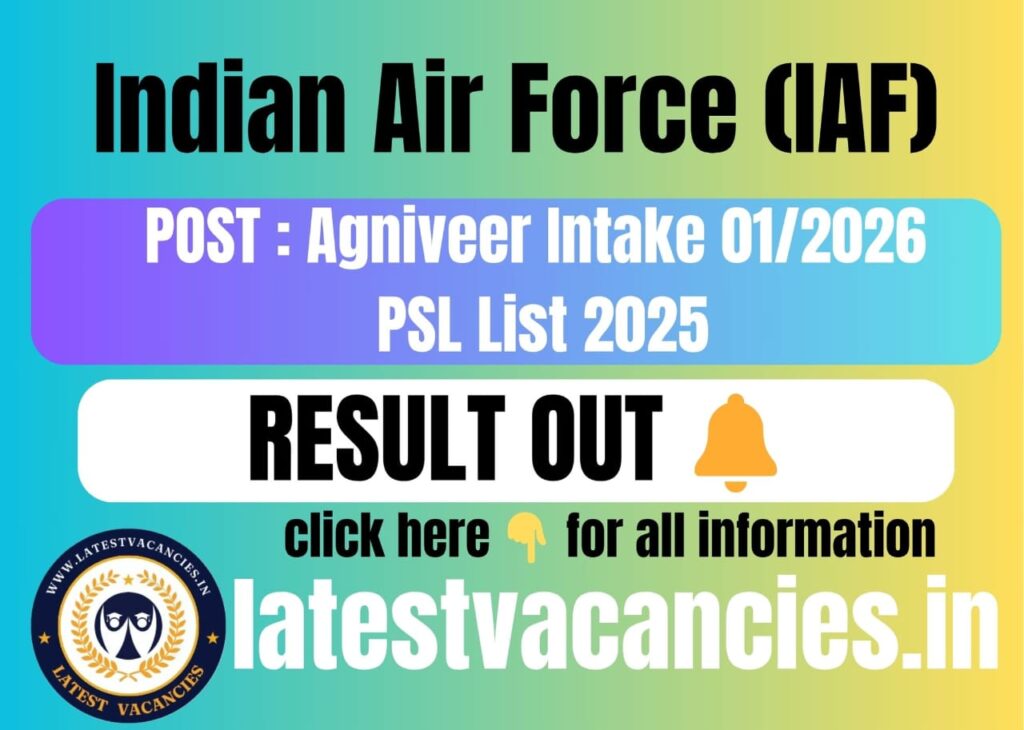 Indian Air Force (IAF) Agniveer Intake 01/2026 PSL List 2025